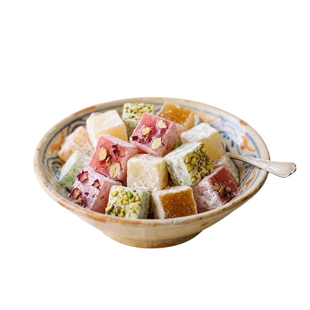A bowl of colorful Turkish delight cubes with pistachios and a spoon.