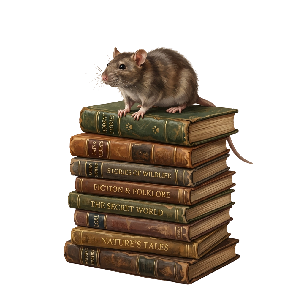A cartoon rat perched on top of a stack of vintage-style books with titles like Rodent Stories and Nature's Tales
