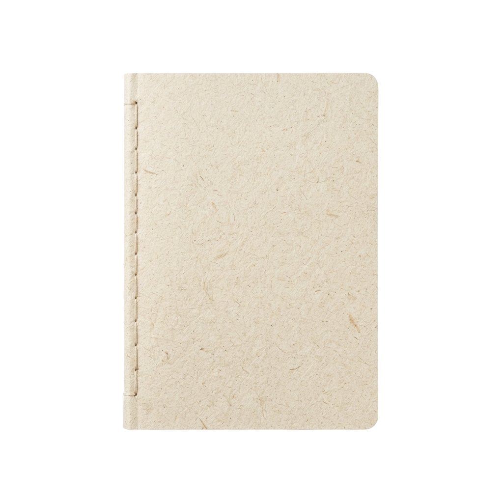 A light beige textured notebook with a hand-sewn binding and elastic closure.