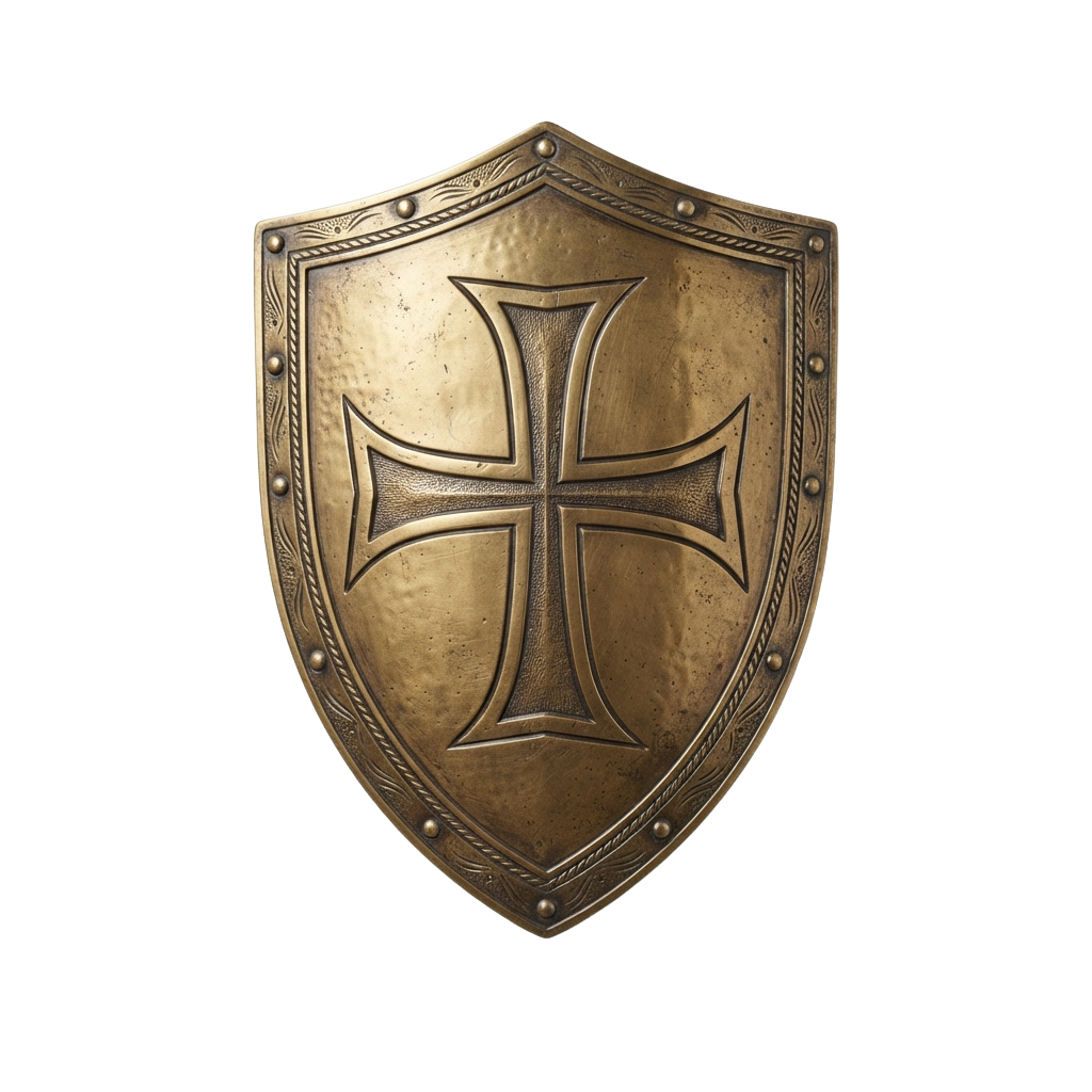 A gold-colored metal shield featuring a prominent Templar cross emblem in relief