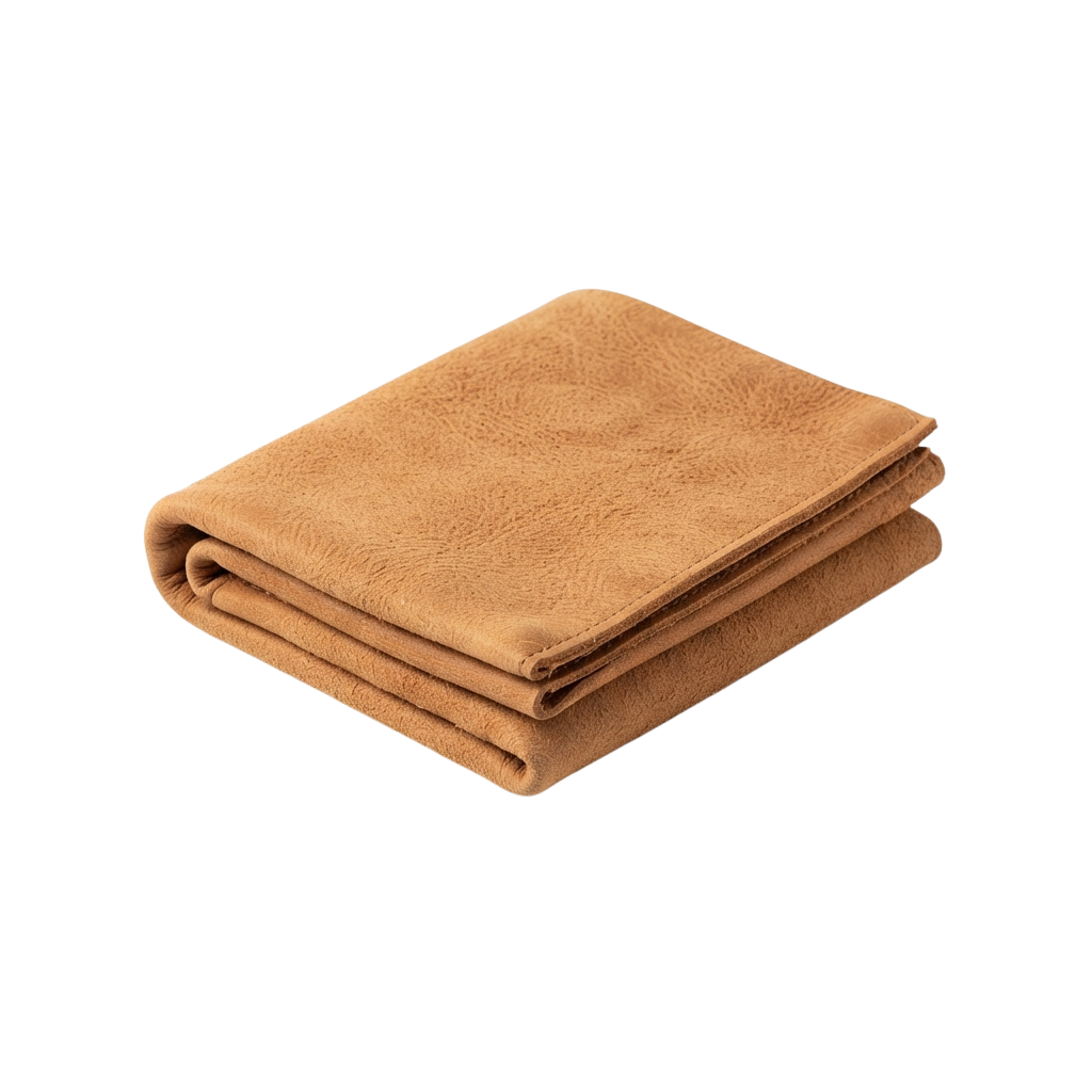 A neatly folded beige suede throw blanket displayed against a black background