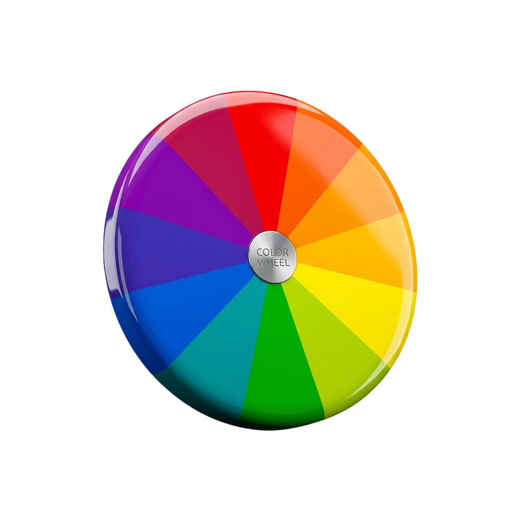 A glossy color wheel displaying red, orange, yellow, green, blue, and purple hues with a central label