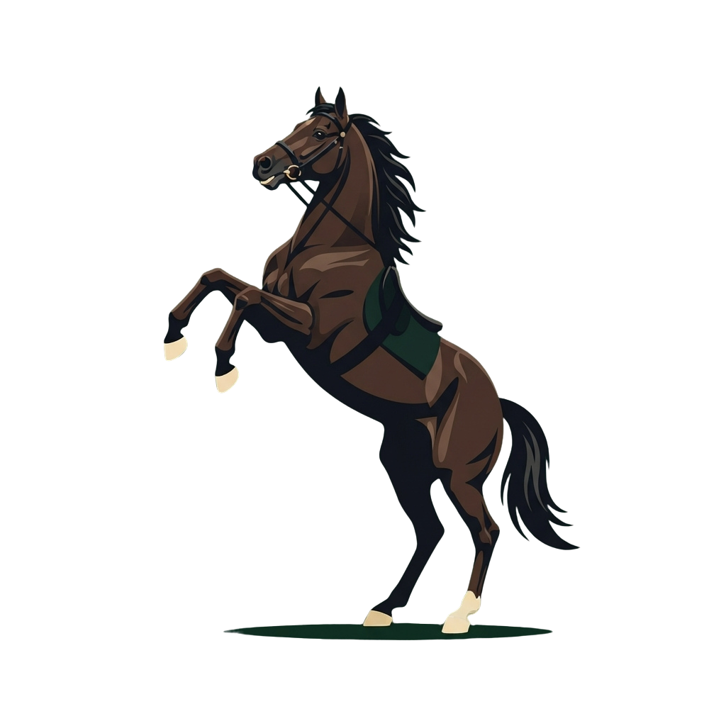 A stylized brown horse rearing up on its hind legs with a saddle and bridle.