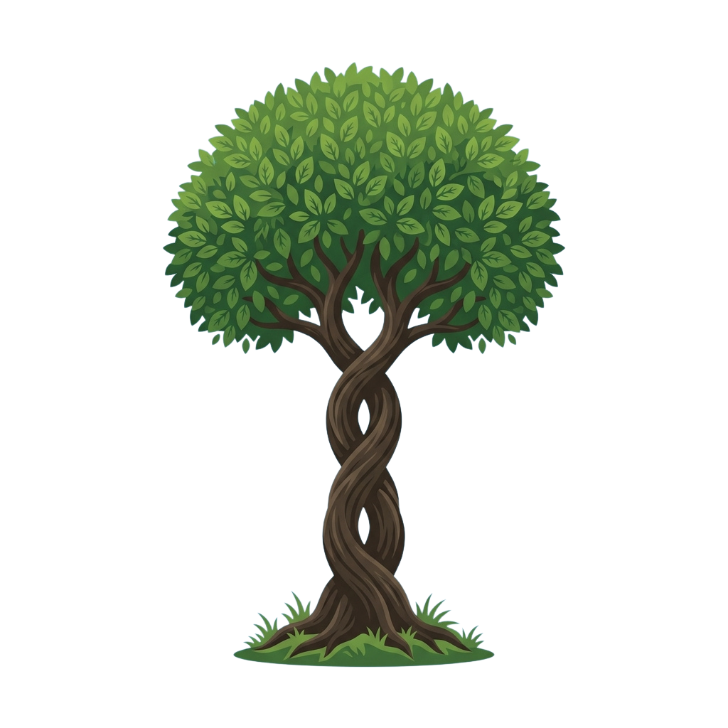A stylized illustration of a tree with a twisted trunk and vibrant green leaves against a black background