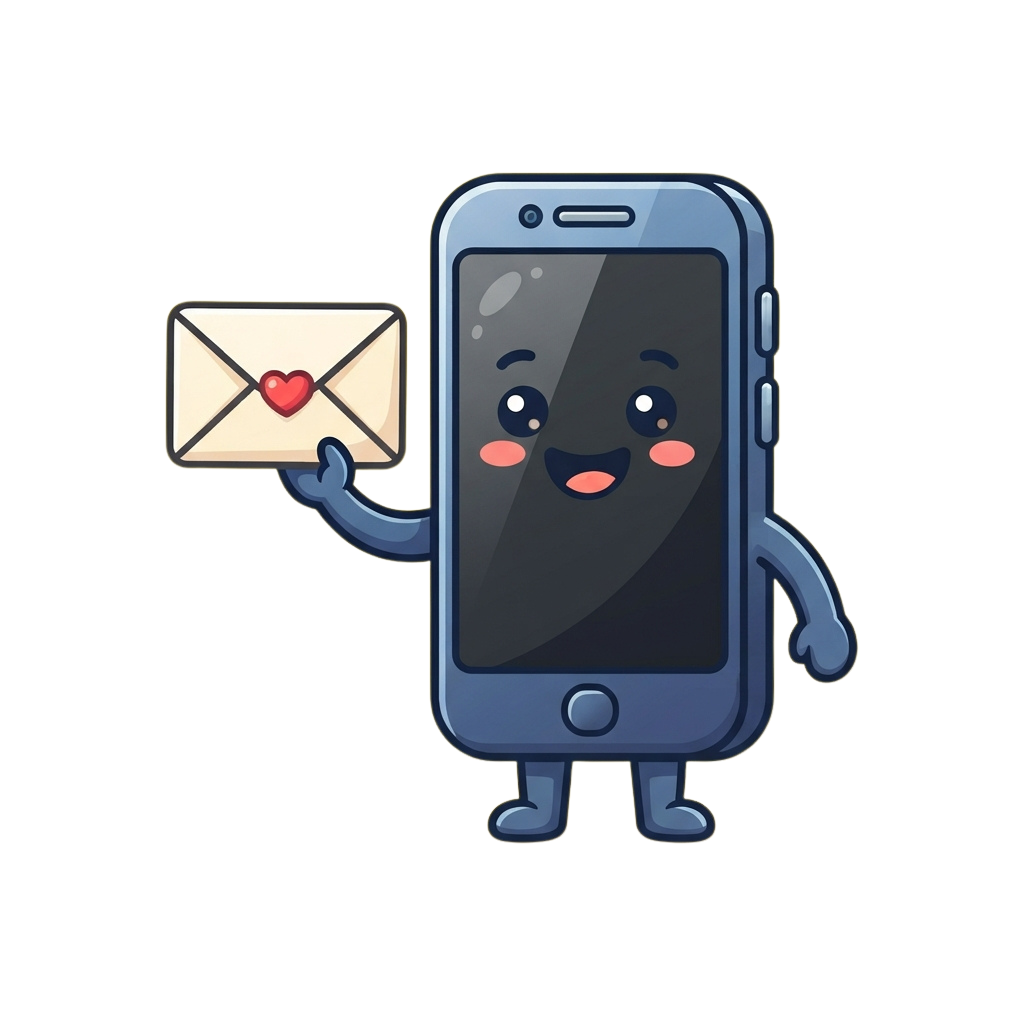 Cartoon smartphone with arms holding an envelope featuring a red heart icon