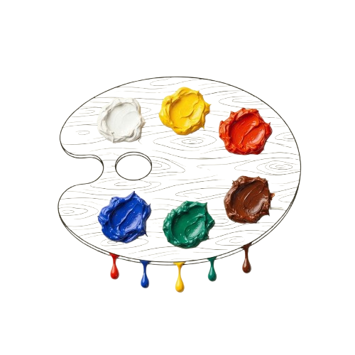A decorative paint palette with six blobs of paint in white, yellow, red, blue, green, and brown colors, some with drips.