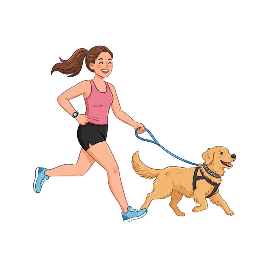 A woman jogging in athletic wear with a golden retriever on a leash beside her