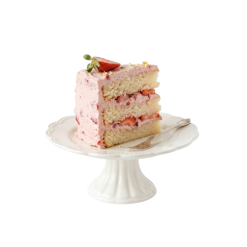 A slice of strawberry layer cake with pink frosting and fresh strawberries on a white cake stand