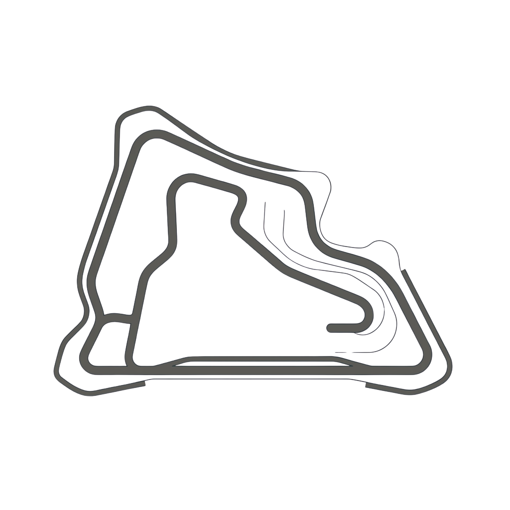 A grayscale outline of a triangular race track with multiple turns and straight sections