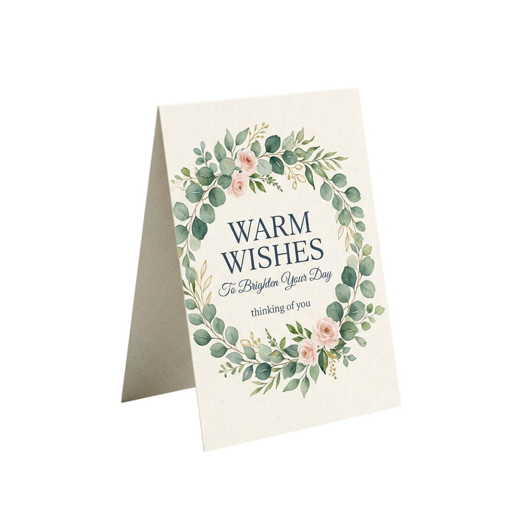 A greeting card with warm wishes text surrounded by a floral wreath design featuring green leaves and pink flowers