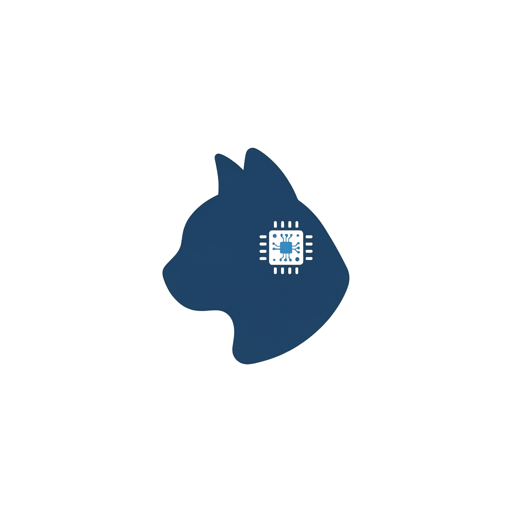 A blue dog-shaped silhouette with a circuit board pattern on its face