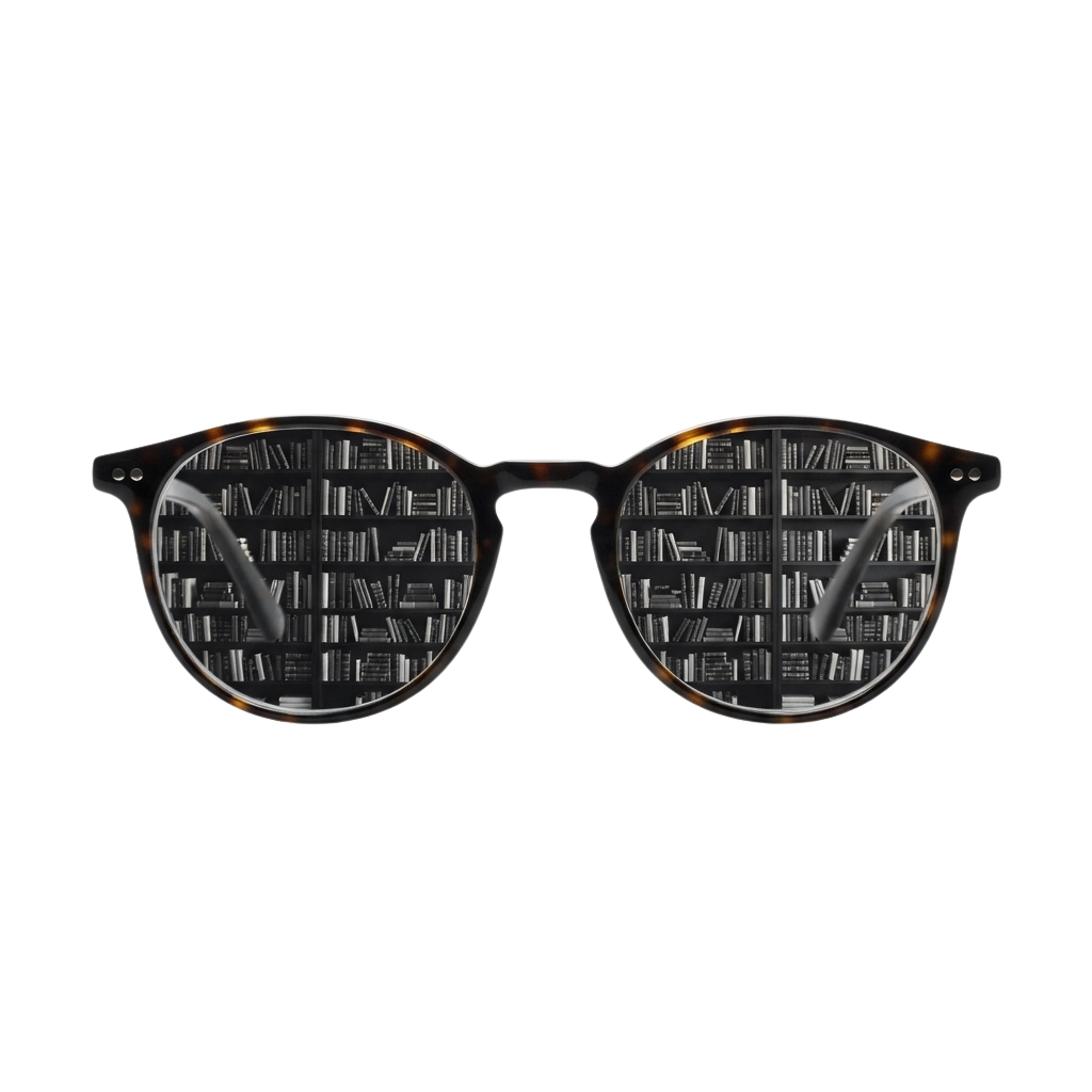 Pair of glasses with lenses showing an image of a bookshelf filled with books