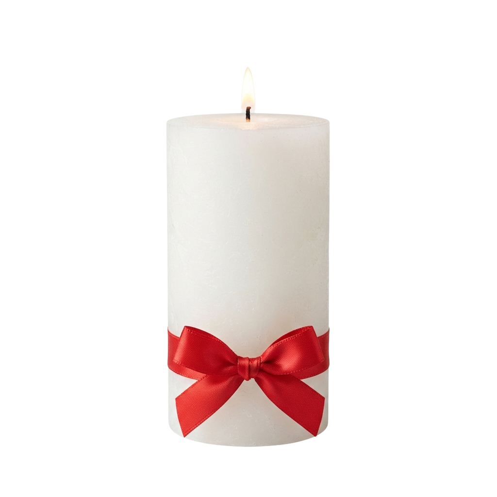 A white candle with a red satin bow tied around the middle, standing upright with a lit wick.