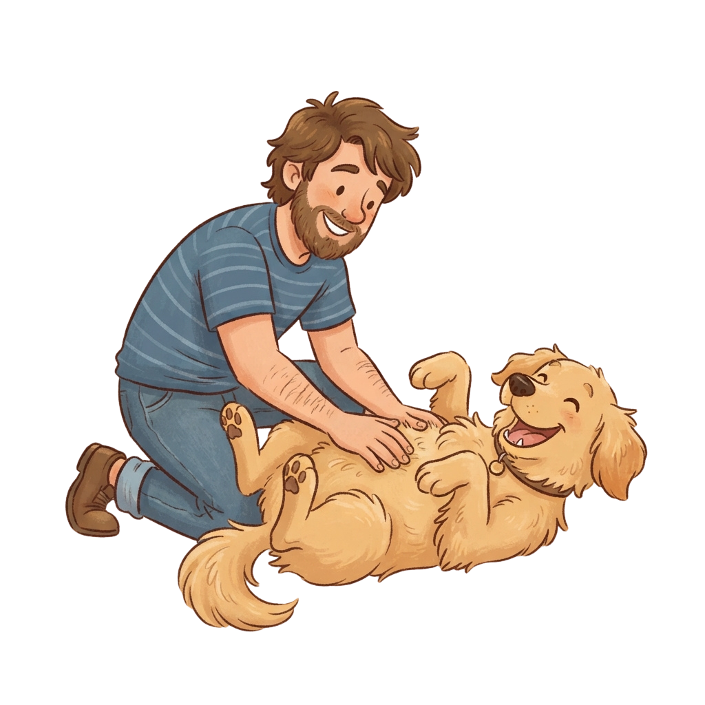 A man with a beard tickling a golden retriever dog on its belly while both are smiling and enjoying the moment
