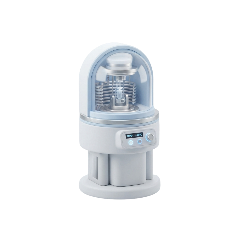 A small, dome-topped freezer unit with a digital temperature display set to negative 19.6 degrees Celsius.