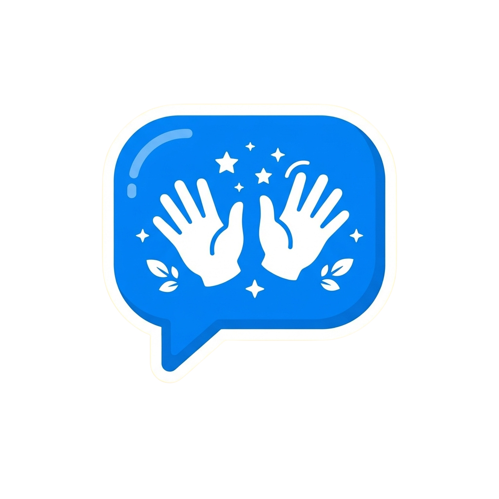 Two white hands clapping inside a blue speech bubble with stars and leaves around them