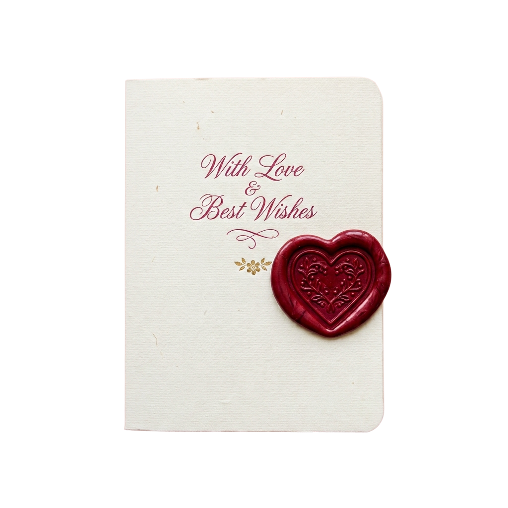 A cream-colored notebook with the words With Love and Best Wishes embossed, featuring a red heart-shaped wax seal.