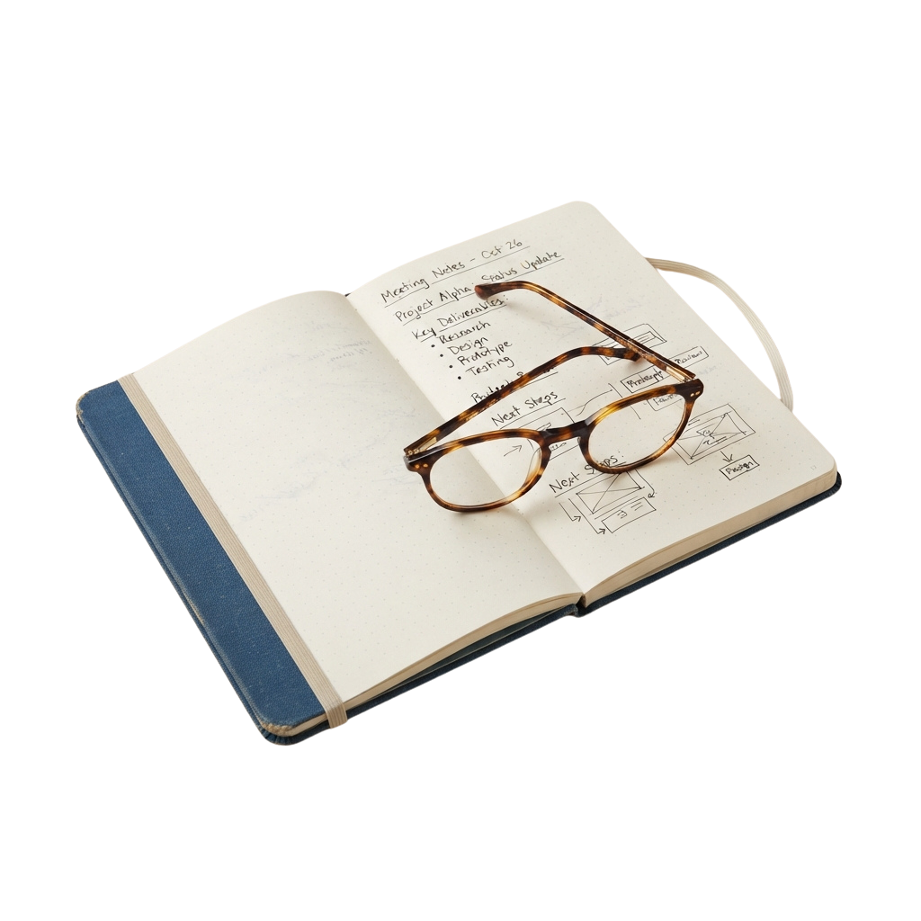 Open notebook with handwritten project notes and a pair of glasses resting on the pages