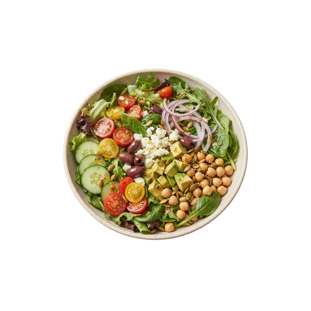 A bowl filled with mixed greens, chickpeas, cucumbers, tomatoes, olives, and red onion rings