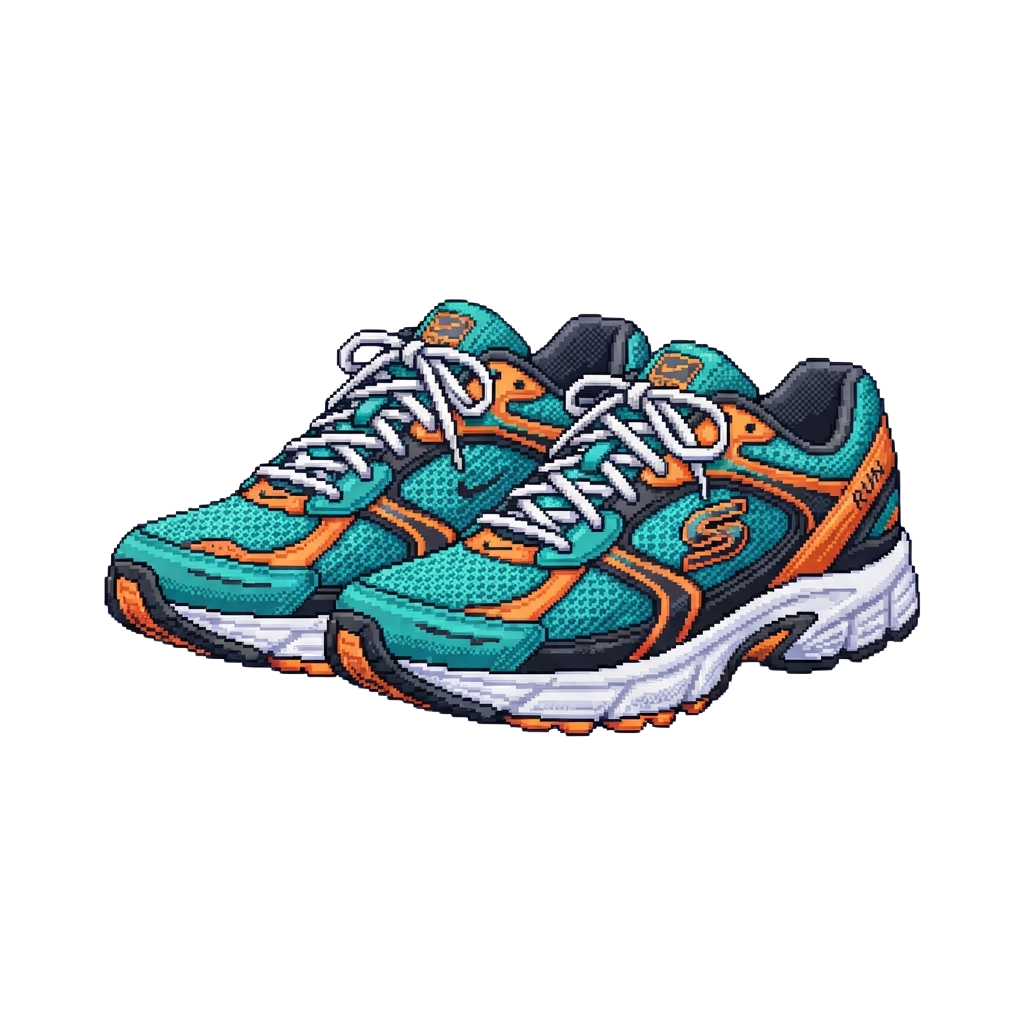 Pair of turquoise and orange athletic running shoes with white soles and laces.