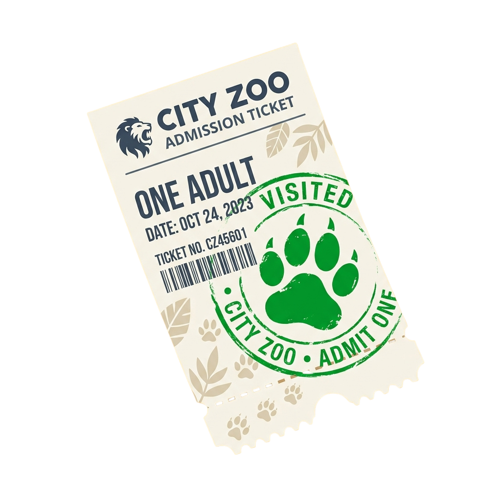 Admission ticket for one adult to City Zoo with date stamp and paw print admit one stamp