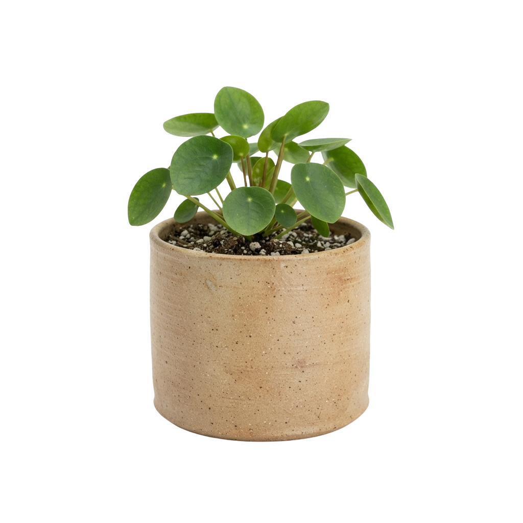 A small green succulent plant in a light brown terracotta pot against a black background