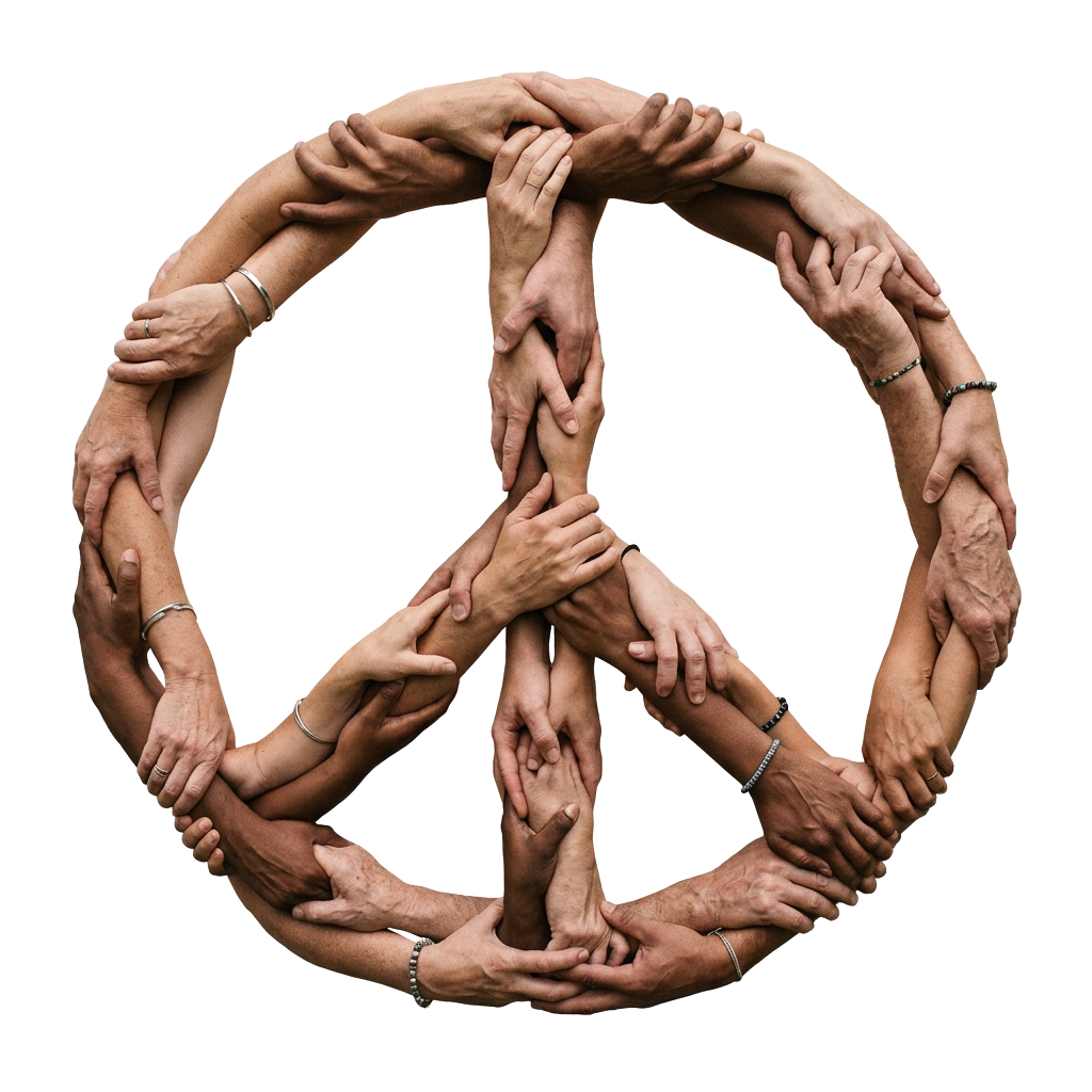 Circular sculpture made of many hands joined together forming a peace symbol