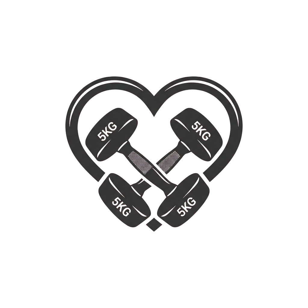 Four grey dumbbells each labeled 5kg arranged in a heart shape