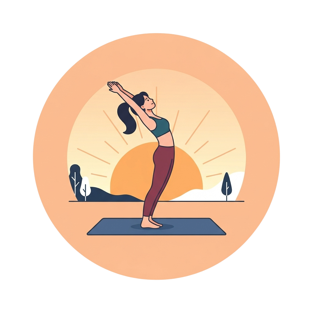 A woman in a yoga pose with arms raised, standing on a mat at sunset with a warm orange sky