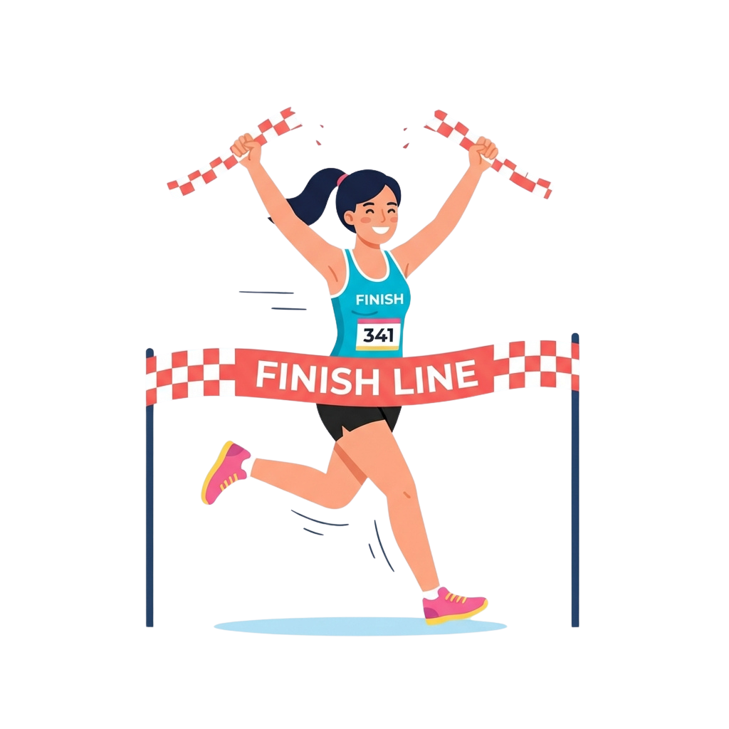 A runner crossing the finish line with arms raised holding two ribbons, wearing a race bib numbered 341.