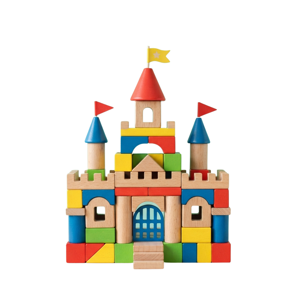 A colorful castle made from wooden building blocks with vibrant colors and flags on top