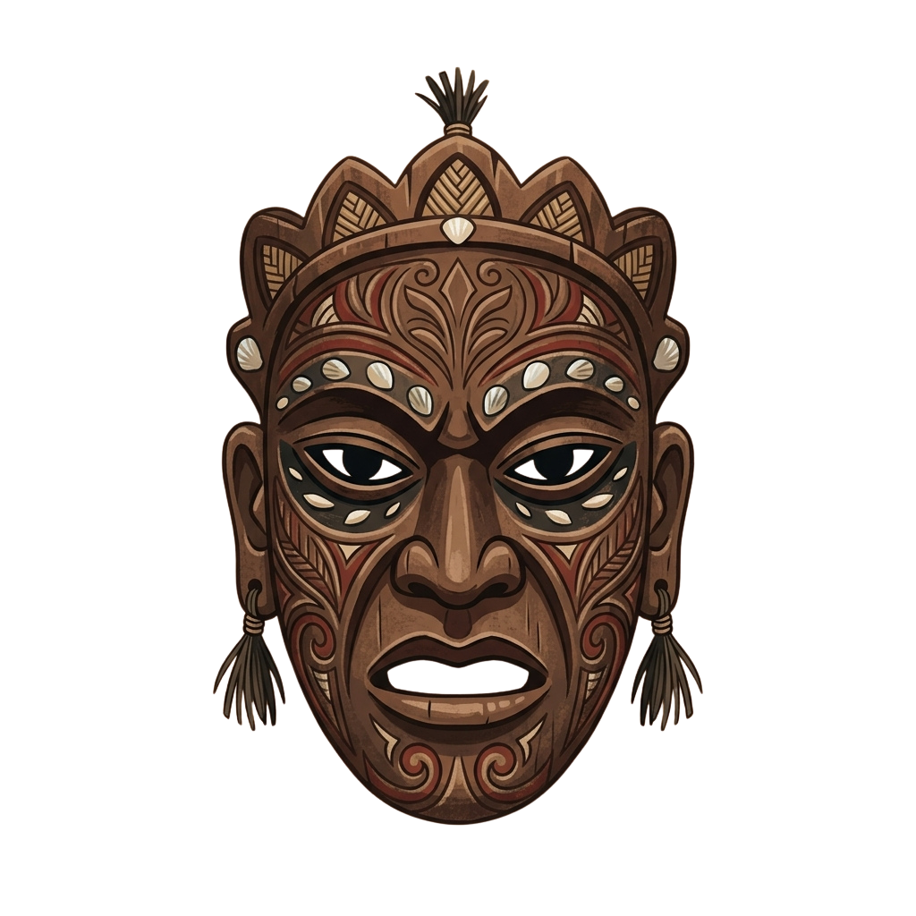 Intricate wooden face mask with detailed carvings and feather-like adornments