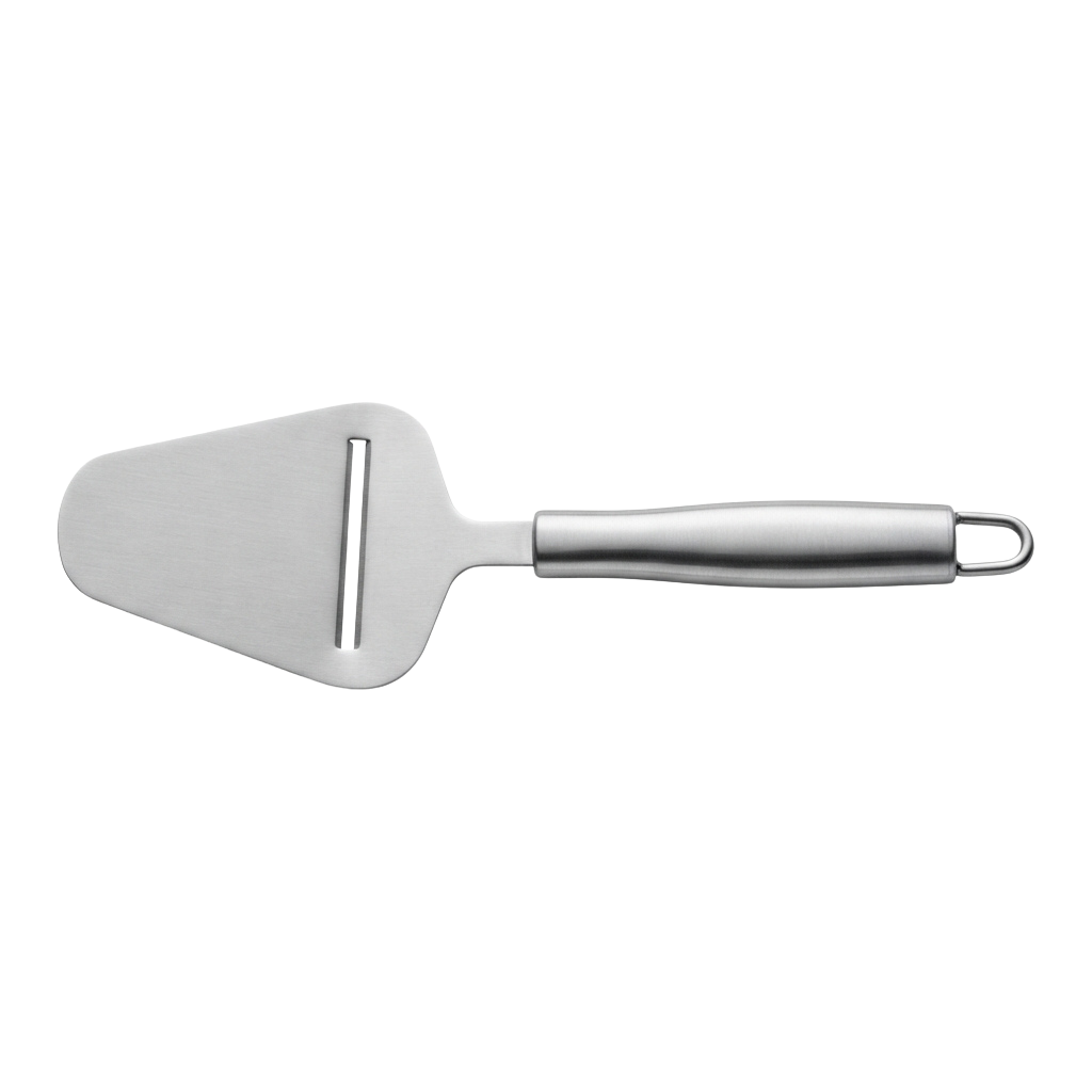 A white plastic vegetable peeler with a stainless steel handle and sharp blade against a black background