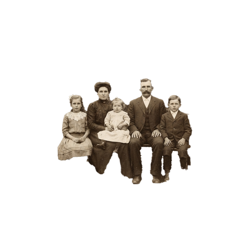 Black and white photo of a family of five posing together, including two adults and three children