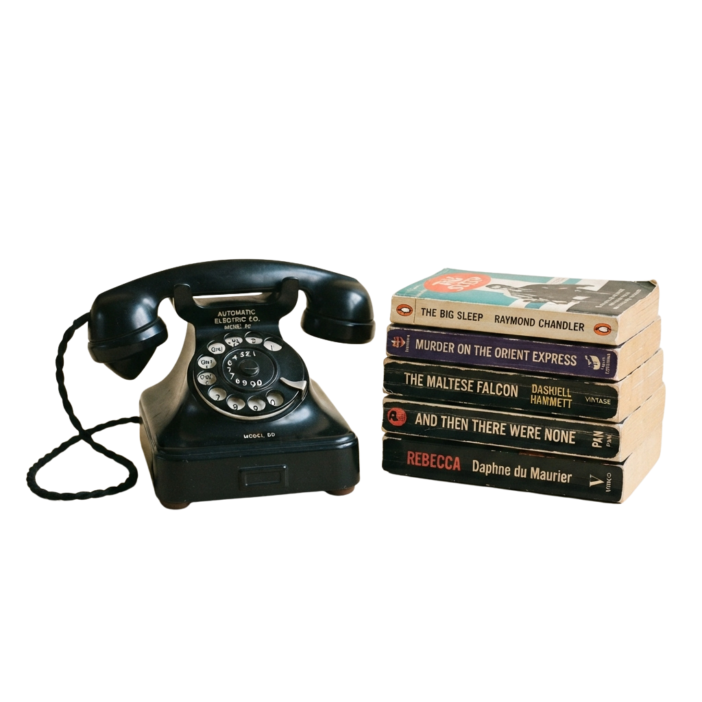 Black vintage rotary phone next to a stack of classic mystery novels