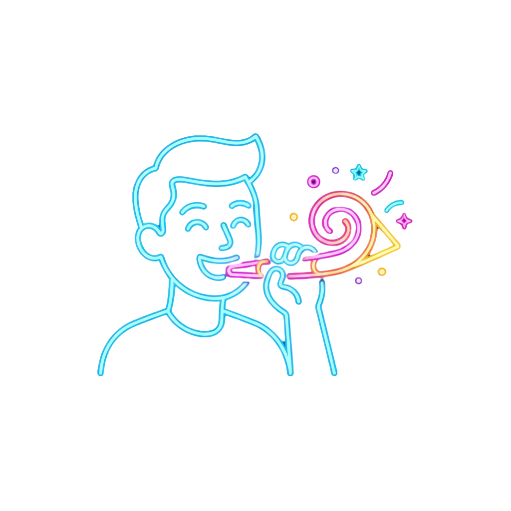 A smiling person blowing a whistle emitting colorful sparkles and swirls