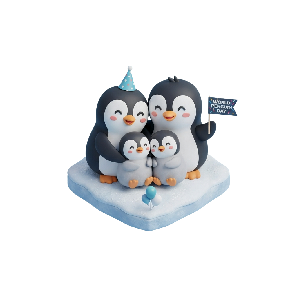 Four cartoon penguins hugging on an ice base with a World Penguin Day flag