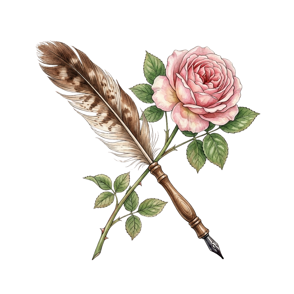 A feather quill pen with a pink rose and green leaves attached to its handle