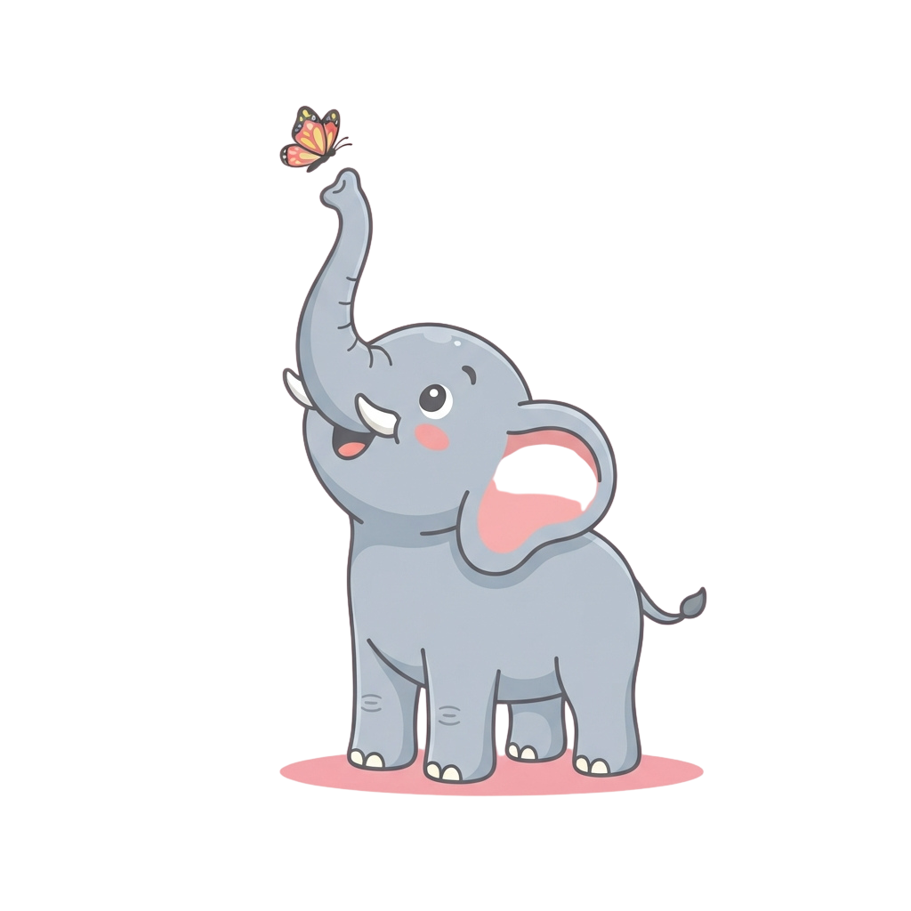 A cartoon baby elephant raising its trunk towards a colorful butterfly.