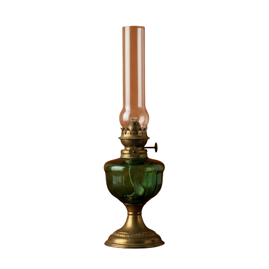A vintage oil lamp with a green glass chimney and brass-colored base, lit with a warm glow.