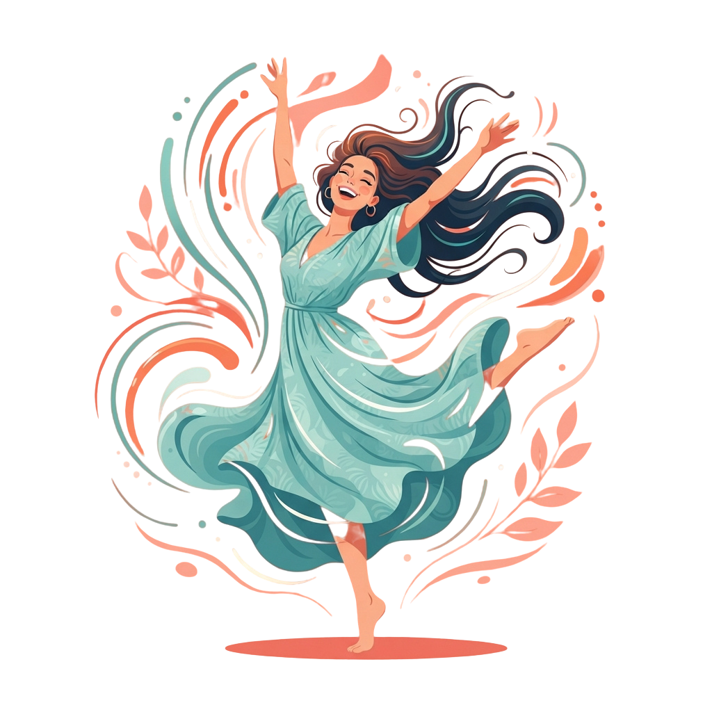 A woman in a flowing dress dancing with arms raised, surrounded by swirling abstract patterns and leaves