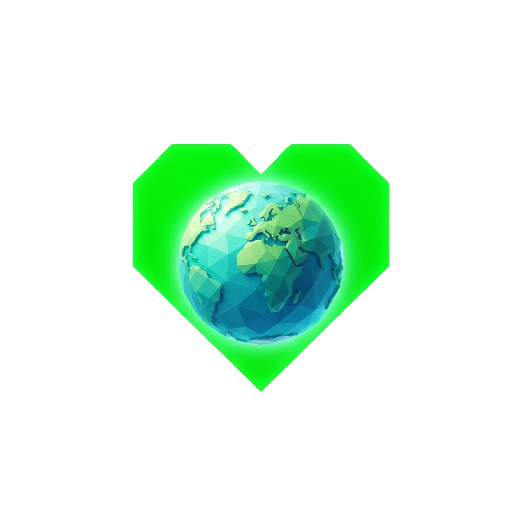 A glowing green heart containing a blue and green globe, symbolizing love for the Earth.