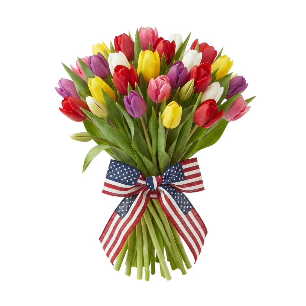 A vibrant bouquet of multicolored tulips tied with an American flag ribbon
