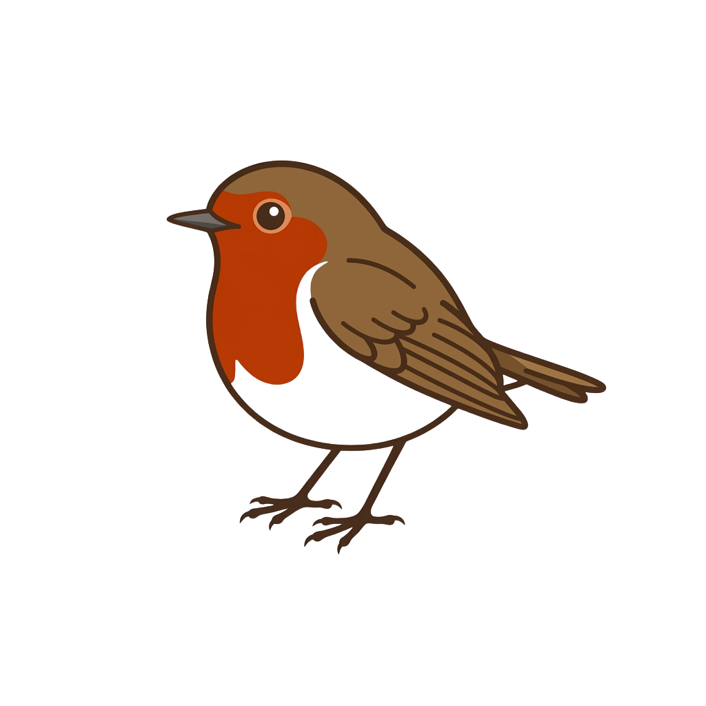 Illustration of a European robin bird with an orange breast and brown back perched on the ground
