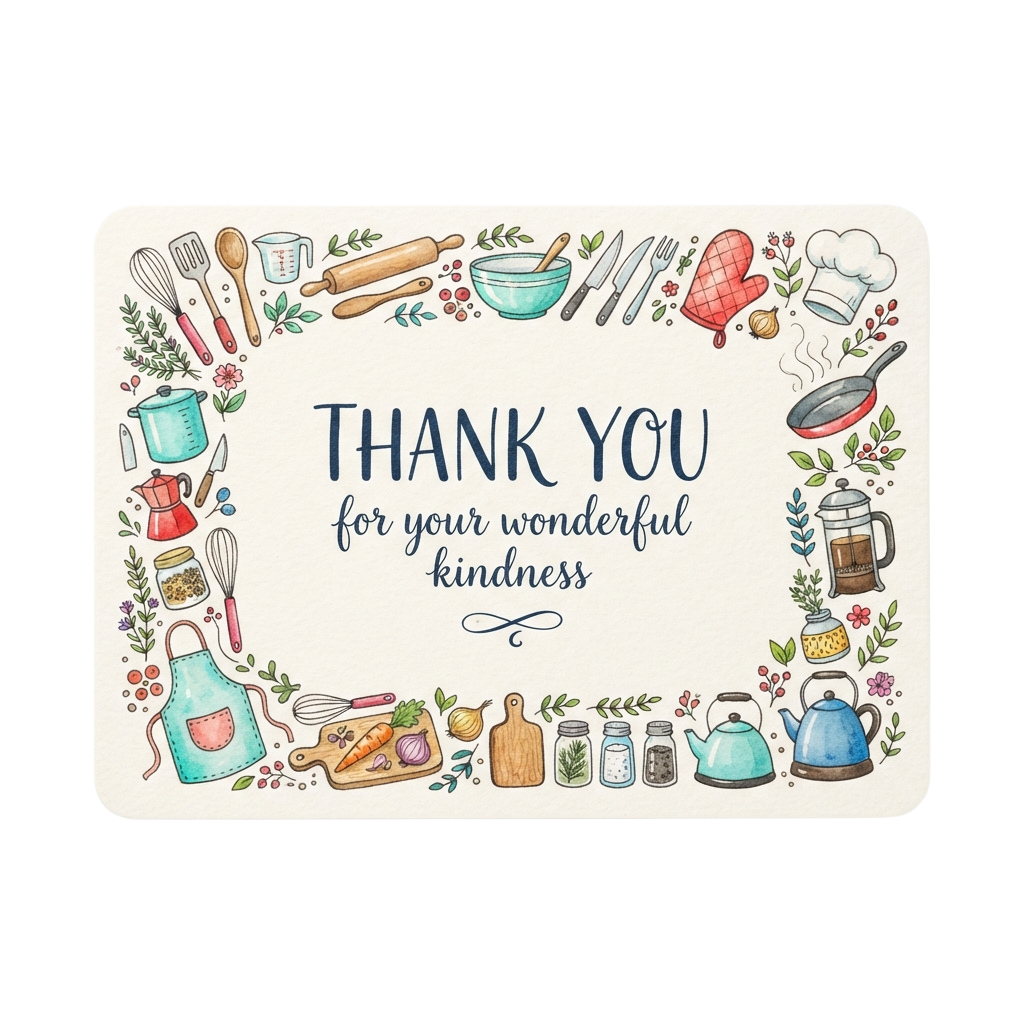 Watercolor illustration of kitchen tools and ingredients with thank you message for kindness