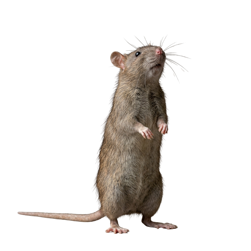 A brown rat standing upright on its hind legs against a black background