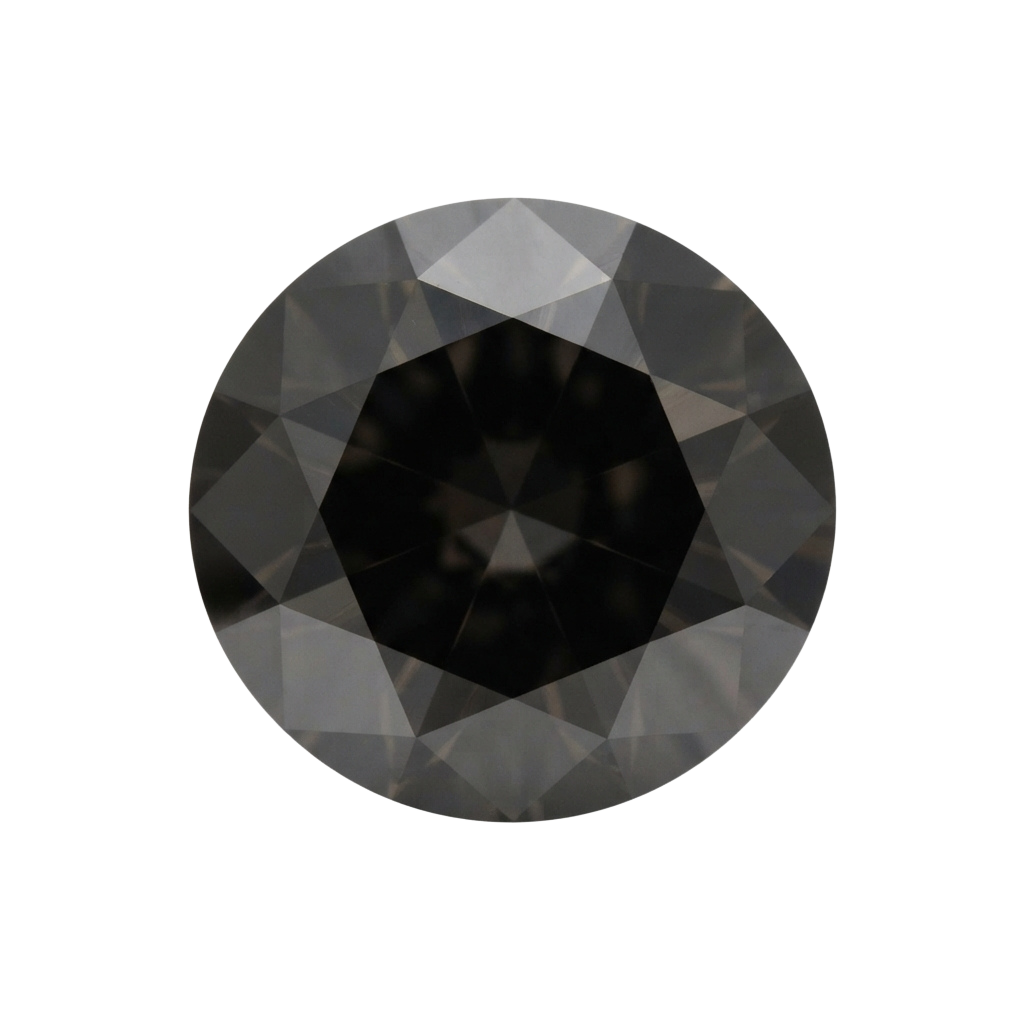 A round cut diamond gemstone with brilliant facets reflecting light against a dark background