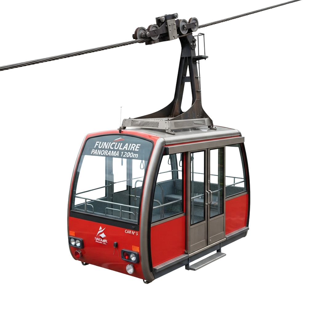 Red and gray funicular cable car suspended on steel cables against a dark background