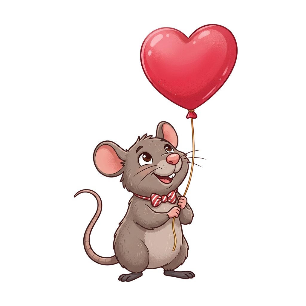 A smiling cartoon mouse holding a red heart-shaped balloon on a string with a candy cane bow tie