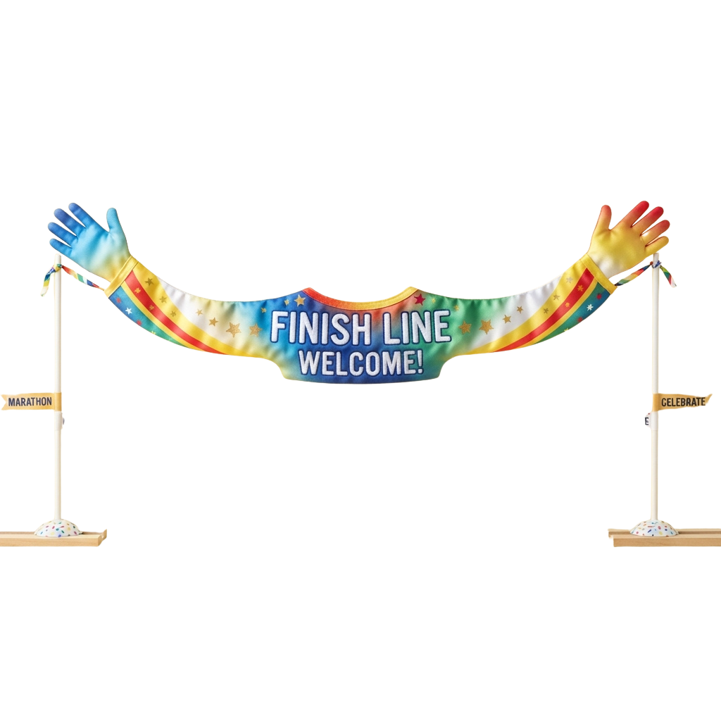 Colorful ribbon banner with text reading Finish Line Welcome, supported by two hands on poles